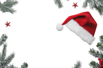 Festive Santa hat with snowy branches and red stars minimalist Christmas background white backdrop isolated on transparent background