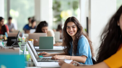 indian college students studying on laptop in classroom