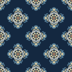 Blue oriental vector ikat damask pattern. Talavera pottery. Azulejos, Portugal. Turkish ornament. Spanish porcelain. Ethnic background. Mediterranean wallpaper. Talavera pottery.