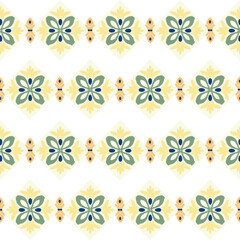 Soft green, yellow, and orange ikat seamless pattern illustration in traditional style - like Portuguese tiles. Spanish pottery. Ideas for wallpaper and rugs.