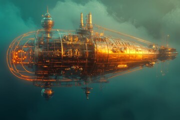 Obraz premium Steampunk airship floats in a sky with blue and green hues.