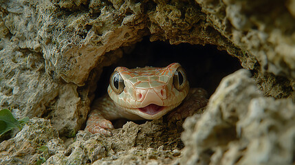 A curious reptile peeks out from a stone crevice its wide eyes and open mouth revealing a friendly demeanor.