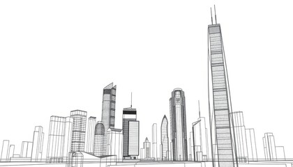 Modern City Skyline Architectural Wireframe Drawing Illustration
