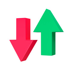 Up and down green and red arrows isolated. Rise and fall concept. 3d rendering