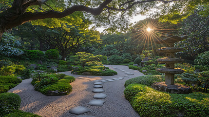 Obraz premium Sunburst over a serene Japanese garden with stone path manicured plants a traditional stone lantern and tranquil gravel beds.