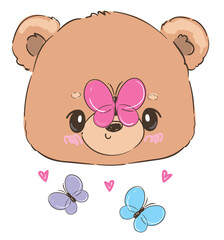 Fototapeta premium teddy bear and Butterfly vector hand drawn illustration cute print design for kids 