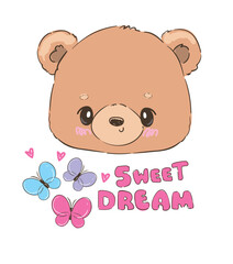 Fototapeta premium teddy bear and Butterfly vector hand drawn illustration cute print design for kids 
