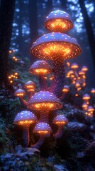 Bioluminescent Mushrooms Phone Wallpaper Glowing in Misty Forest with Dark Trees | Magical Vertical Mobile Background