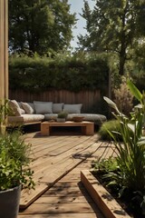 A wooden deck with a couch and a coffee table