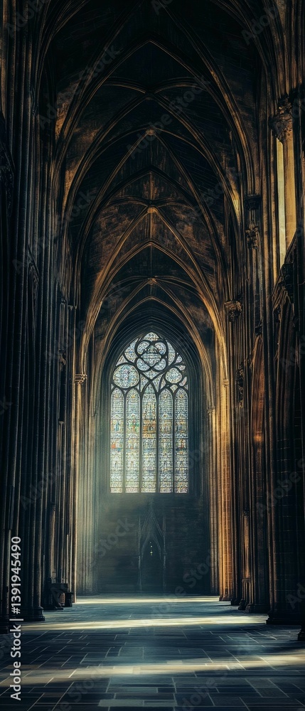 Poster interior view of a building with a large window and stone architecture.
