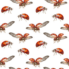 Red ladybugs seamless pattern watercolor illustration. Red insects with black dots for children's parties, packaging, children's interior and clothing.