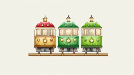 Obraz premium Three Vintage Trams in Red, Yellow, and Green Retro Transportation Illustration