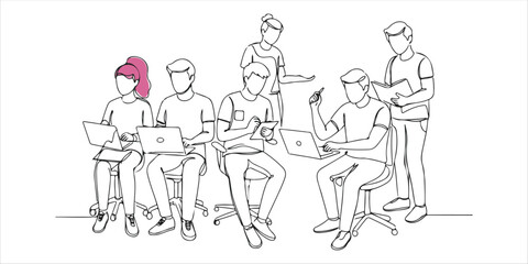 Creative people working at office continuous single line art drawing sketch on white background