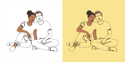 A joyful young couple sits closely together on the floor of their home, sharing a warm and intimate moment that reflects their love and happiness in a comfortable and cozy setting.