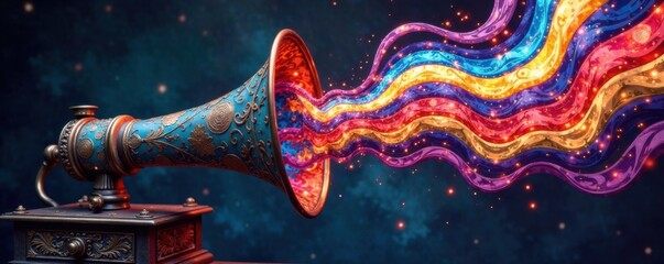 Aphonograph with a colorful, swirling pattern emerging from its horn , musical instrument, phonograph horn, vintage vibe