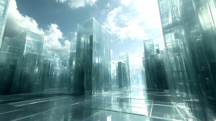 Futuristic glass city, bright sky, perspective, urban, digital art, background, stock photo