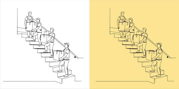 A group of male movers work together, carefully transporting boxes up a stairwell as they assist with the relocation to a new home or office, ensuring a smooth and efficient moving process.