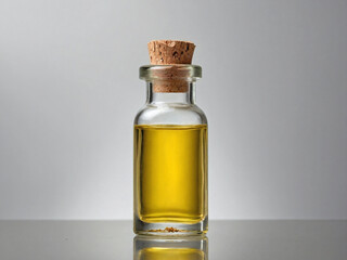 a small clear glass bottle filled with pale yellow emu oil
