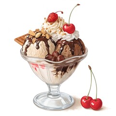Chocolate Drizzle Ice Cream Sundae with Strawberries and Nuts