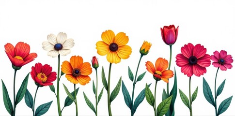 Brightly colored flowers in bold outline style, against a contrasting white background, abstract , illustration