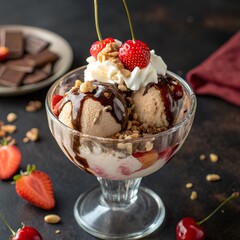 Chocolate Drizzle Ice Cream Sundae with Strawberries and Nuts