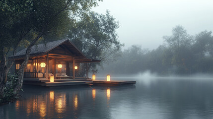 Obraz premium floating resort house on tranquil river with soft lantern light