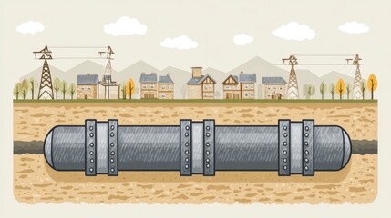 Underground Pipeline System Beneath a Pixelated Townscape with Distant Powerlines and Autumn Trees