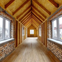 Fototapeta premium Unfinished House Interior with Exposed Wooden Beams and Brick Walls