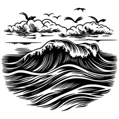 Fototapeta premium Black and White Vector Image of Ocean Waves and Sky with Birds