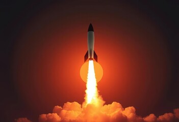Fototapeta premium Sleek rocket ascends against minimalist sunrise, fiery exhaust trail, illustration, speed