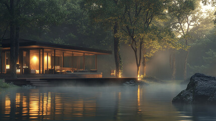 Fototapeta premium serene forest retreat with floating design on misty lake