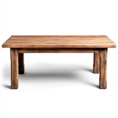 A rustic farmhouse style wooden dining table with a thick, solid top and sturdy legs sits on a white background, perfect for a cozy kitchen or dining room.