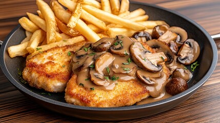 Enjoy two crispy chicken cutlets in savory mushroom sauce alongside golden French fries and saut ed mushrooms