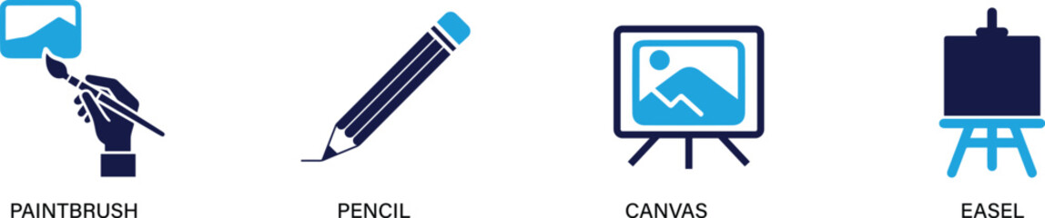 Flat Art and Design Icon Set , Paintbrush, Pencil, Canvas and Easel in Vector Style You can easily change the color

