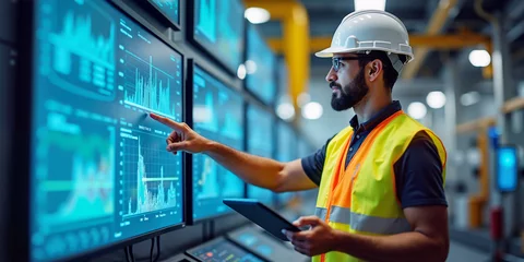 Expert data screen panel. Tech media real time chart. Modern factory 4.0 monitor check, indoor system control goal. Man vest, hat safety gear. Work growth hard concept. Smart high blue collar inspect. © raisondtre