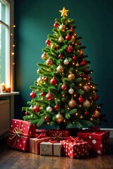 Lushly decorated Christmas tree surrounded by festive presents, festive, sparkle, shine