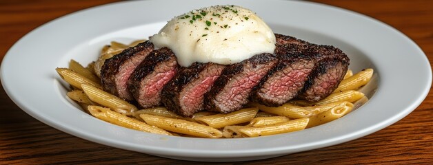 Savor the rich flavors of pasta topped with tender meat, butter, and fresh herbs, served in an elegant black bowl for your dining pleasure