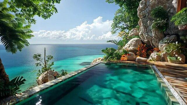 Cliffside infinity pool overlooking turquoise ocean; lush tropical foliage