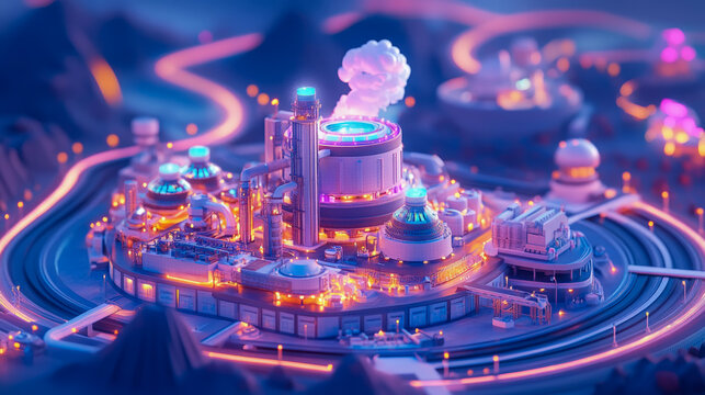 Glowing Future: a stylized depiction of a futuristic power plant, vibrant colors and intricate tech details for promotional purposes