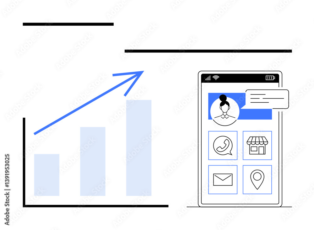 Aufkleber smartphone screen with app icons, user profile, and chat message alongside bar graph with upward arr