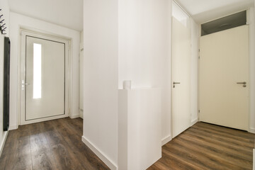 A spacious and bright interior hallway featuring sleek white walls, modern doors, and wooden flooring, enhancing the contemporary aesthetic of the home.