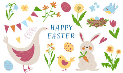 Cute Easter Animals and Spring Flowers Vector Illustrations. Bunny, goose, chick, eggs and flowers