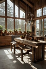 Fototapeta premium A kitchen with a wooden table and chairs, a sink, and a window