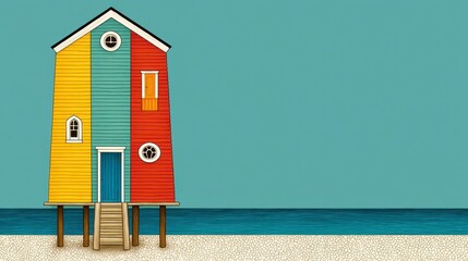 Whimsical Elevated Beach House with Striped Colorful Panels on a Sandy Shoreline