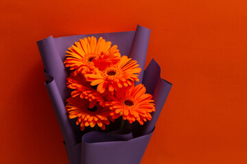 orange flower in vase. Orange gerberas in purple packaging