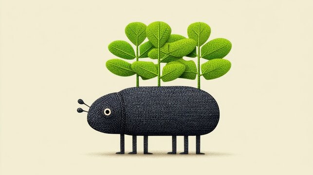 Whimsical Pixel Art of Black Bug Carrying Green Plants on Beige Background