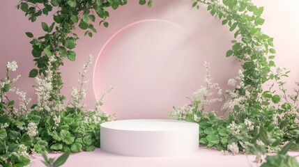 Pastel Pink Podium Display with Plants