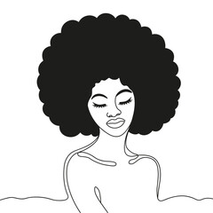 Portrait of African American woman with black lush hair and long eyelashes drawn in single line on white background. Female face of beautiful African American woman in line art style. Africa Day.