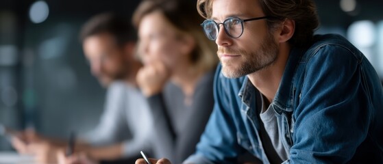 Obraz premium A focused young man in glasses, sitting in a modern workspace, engaged in thought while others are visible in the background, creating a collaborative atmosphere