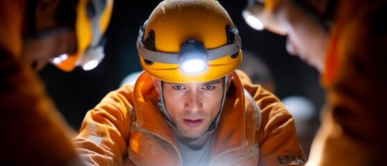 A focused rescuer in an orange jacket and helmet, surrounded by team members, preparing for a challenging operation in low-light conditions, highlighting teamwork and bravery